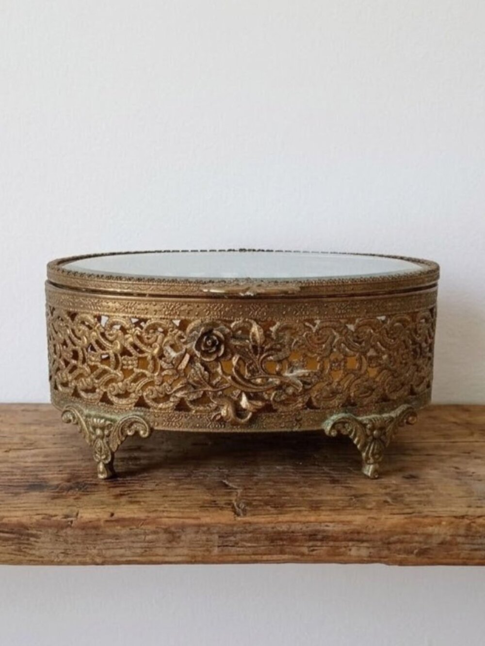 Vintage Brass Filigree Jewelry Box Glass Lid Footed Oval Trinket Rose 6.25" MCM